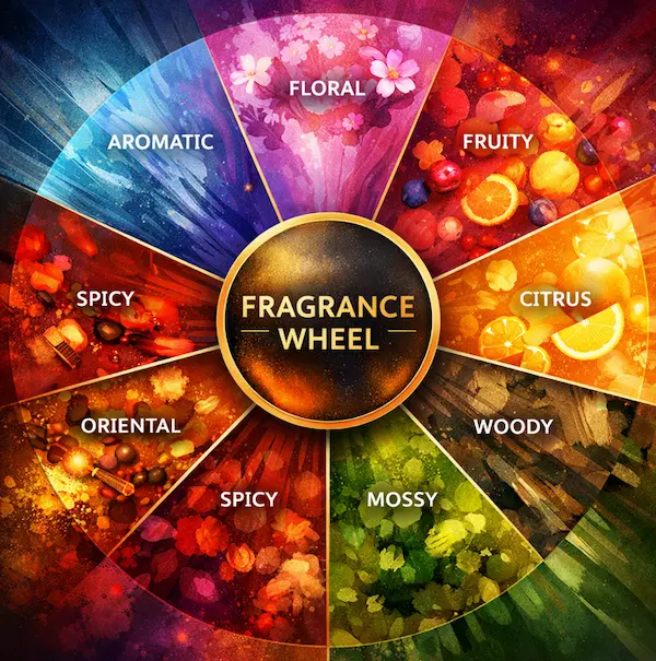Abstract fragrance wheel showing major olfactive families such as floral, citrus, woody and spicy for fine fragrance reference