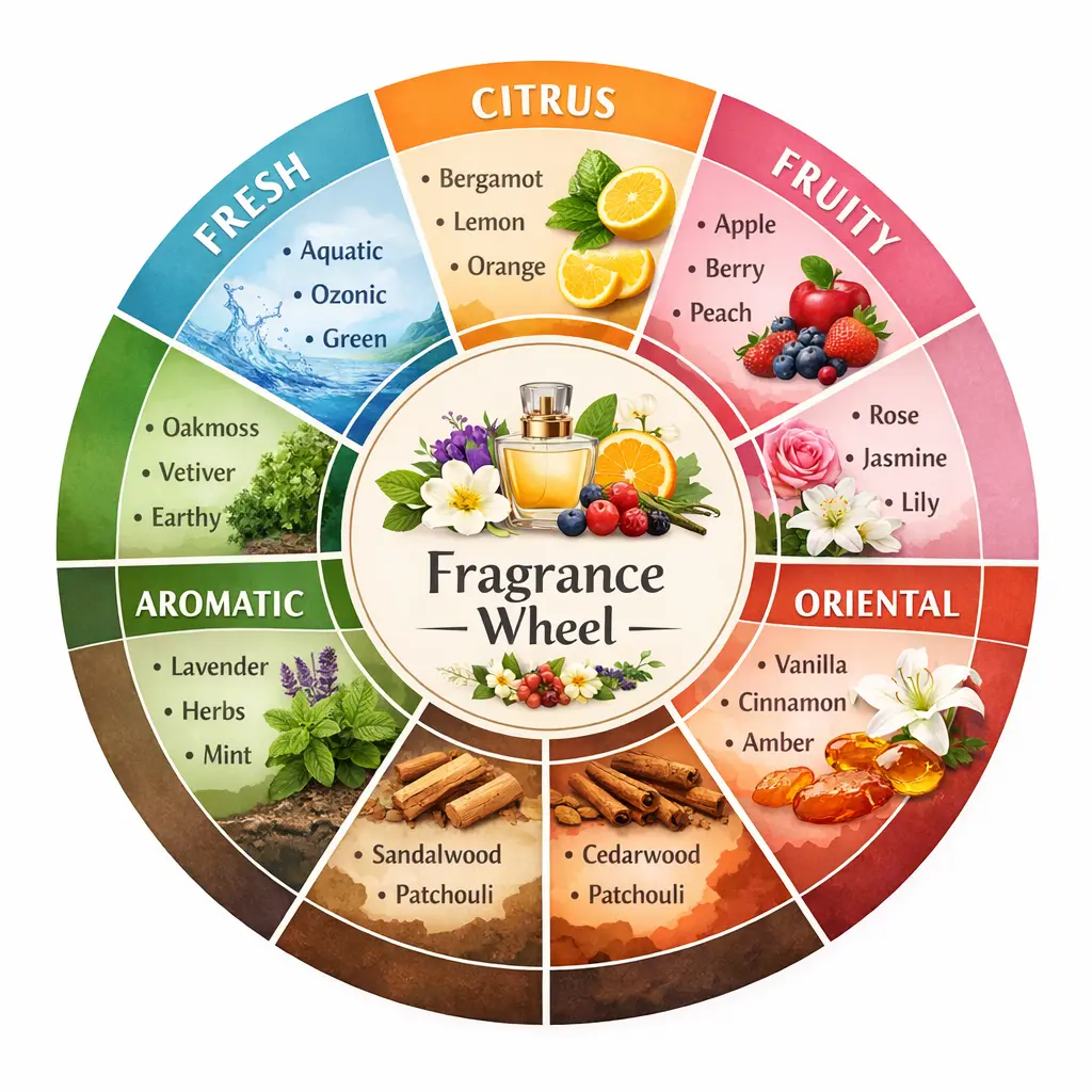 Includes woody, floral, citrus, amber, and fresh fragrance directions