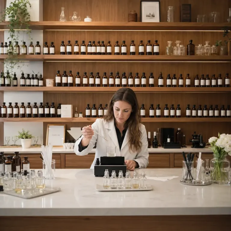 Custom perfume fragrance bottle on a perfumery lab table with scale, beaker, sample vials, and blotter strips
