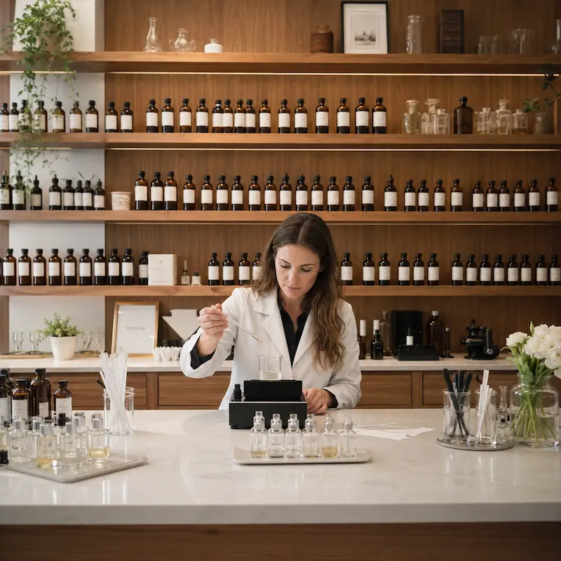 Custom perfume fragrance bottle on a perfumery lab table with scale, beaker, sample vials, and blotter strips