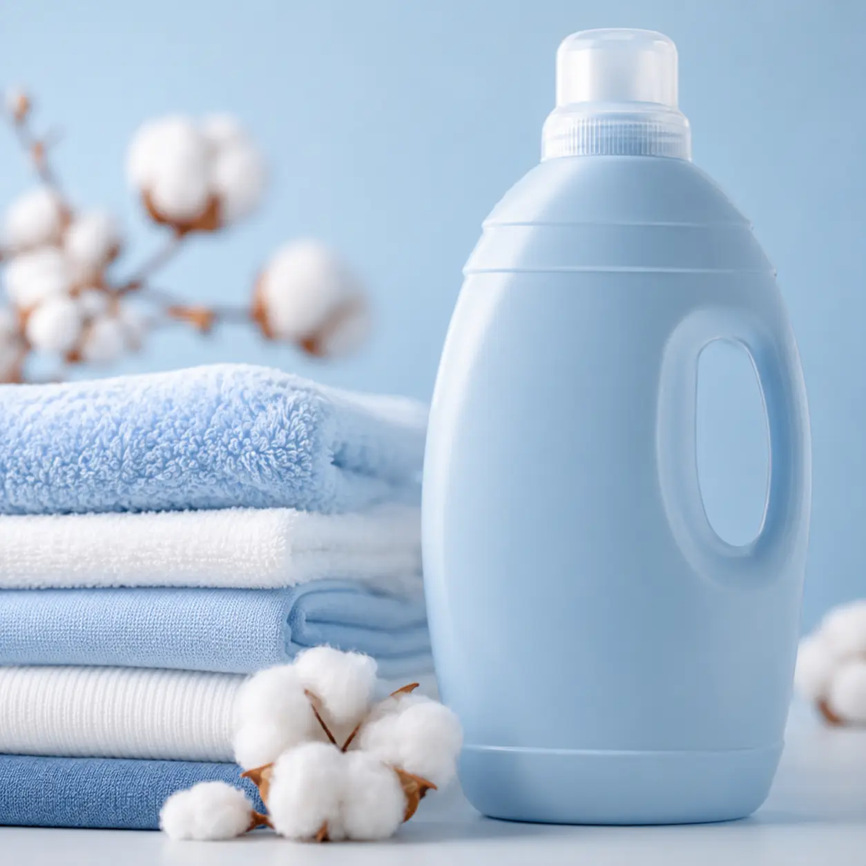 Fabric softener fragrance for soft fresh laundry with folded towels, cotton bolls, and an unbranded softener bottle