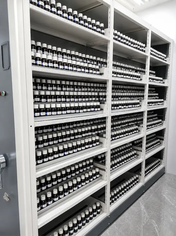 Fragrance raw material library with organized sample bottles for formulation work