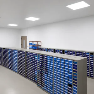 Fragrance sample library with organized storage cabinets for formula references