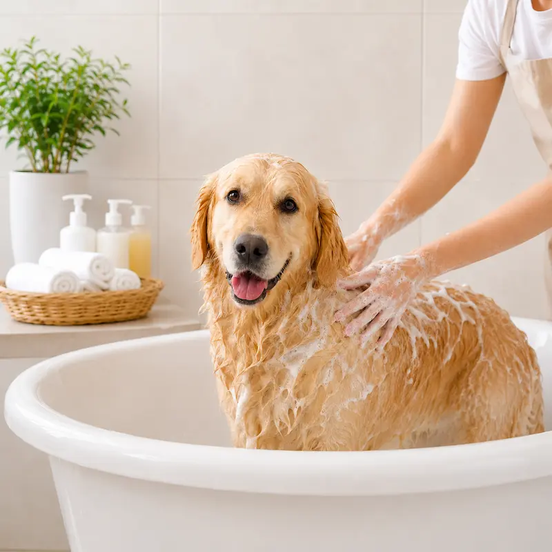 Pet care fragrance oil application in dog shampoo with a dog being bathed in soft foam