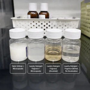 Laboratory testing of regular fragrance and microencapsulated fragrance in fabric care formulations