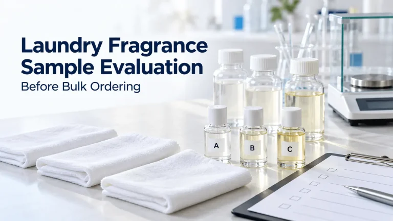 Laundry fragrance samples A, B and C with white cotton towels and an evaluation checklist