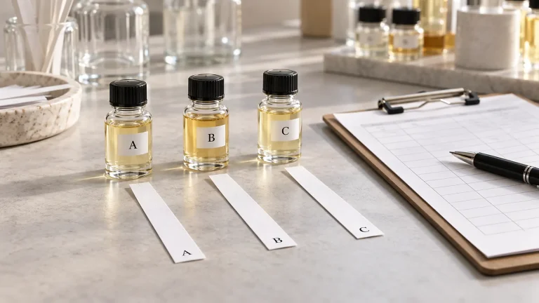 Three perfume fragrance concentrate samples with matching scent blotters and an evaluation sheet
